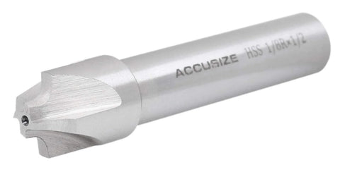 Accusize HSS corner-rounding end mill, close-up view, 1/2 in shank, 5/8 in cutter, 3 in length