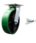 Heavy Duty Large Top Plate Polyurethane On Cast Iron Swivel Caster With 8 Inch Green Wheel And Secured Bolt Lock Bearing 1250 Lbs Capacity close-up view