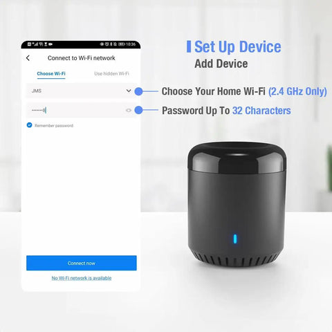 WiFi Smart Home Hub RM Mini 3 Learning Universal IR Remote setup screen with 2.4 GHz WiFi instruction on smartphone display