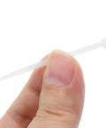 Close-up of hand holding a white nylon zip tie from 100 Pcs Self Locking Nylon Cable Ties 60mm Long, 2.5mm Wide, 18 Lbs Tensile Strength set.