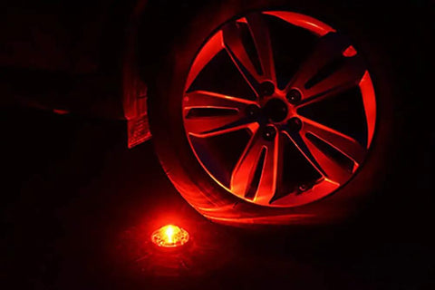 Emergency LED Road Flare Kit Set Of 3 With Magnetic Base Beacons, 360 Degree Red Lights, illuminating tire at night