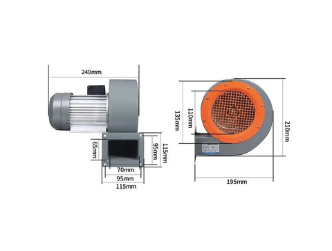 Heavy Duty Industrial Centrifugal Blower Fan Built to Crush the Heat for Smoke Exhaust Plumbing and Water Damage Restoration showing size dimensions.