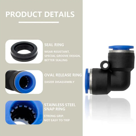 10 Pack 10mm 90 Degree Push In Elbow Pneumatic Fittings with seal, release, and snap rings visible