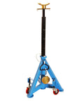 Front view of Beefy 16 Ton Heavy Duty Jack Stand With Wheels And Patented Handle Dual Interchangeable Tops For Trucks SUVs And Farm Vehicles Adjustable Height From 26 To 40.9 Inches 35,000 Lbs Capacity And Easy Mobile Setup.