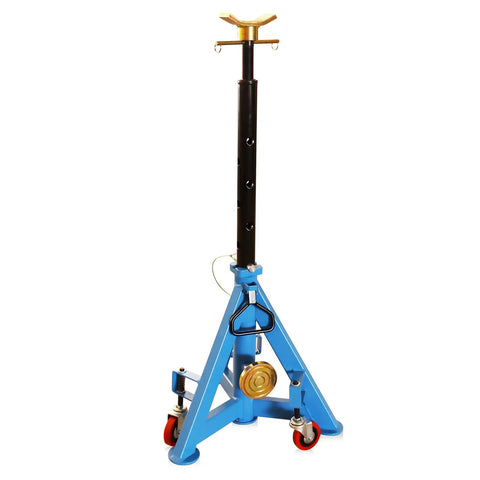 Front view of Beefy 16 Ton Heavy Duty Jack Stand With Wheels And Patented Handle Dual Interchangeable Tops For Trucks SUVs And Farm Vehicles Adjustable Height From 26 To 40.9 Inches 35,000 Lbs Capacity And Easy Mobile Setup.