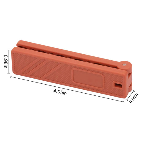 Furnace Interlock Switch Clip For HVAC Controls In Orange Pro Grade Nylon, two-way setup with rare earth magnets, dimensions shown