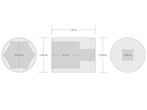 Technical diagram of Three Eighths Inch Drive Shallow Six Point Socket Fifteen Sixteenth Inch For Automotive And DIY Repairs.