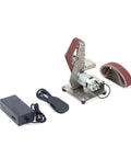 Compact Mini Electric Belt Sander And Polisher For Wood And Metal with sandpaper rolls and black power supply.