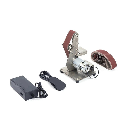 Compact Mini Electric Belt Sander And Polisher For Wood And Metal with sandpaper rolls and black power supply.