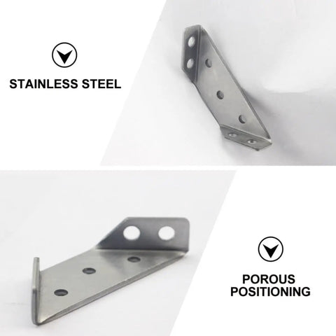 10 Pack Stainless Steel Trapezoid Corner Brackets For Shelves And Cabinets Heavy Duty Shelf Supports shown with porous positioning