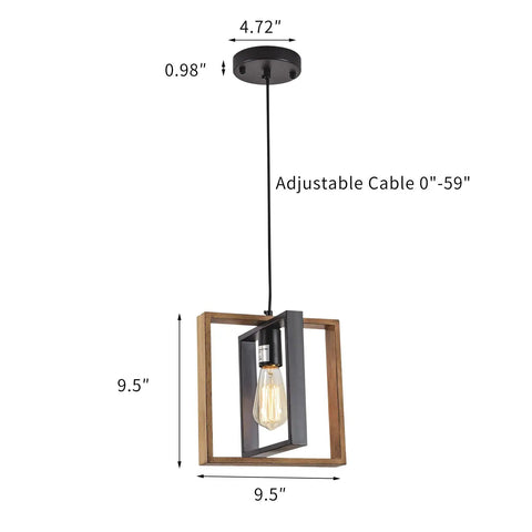 Dope Matte Black And Solid Wood Kitchen Island Pendant Light with adjustable hanging height, 9.5 inch square frame, farmhouse style.