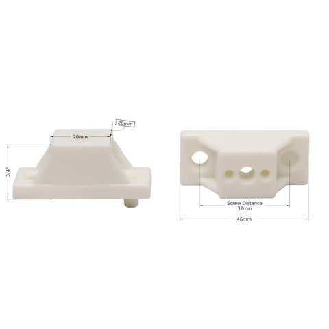 Twenty Pack Heavy Duty Plastic Drawer Slide Cabinet Side Spacers Three Quarter Inch Profile For Dead Simple Install And Killer Alignment On Kitchen Cabinets With Core Support Pegs And Drive Screws In Clean White dimensions visible from two angles showing mounting holes and thickness.