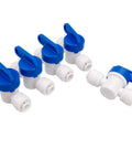 Pack of five PureSec inline shut-off ball valves with blue levers for 1/4-inch tubing; white plastic bodies