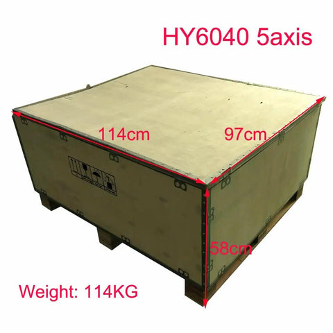 6040 5 Axis CNC Router Engraving Machine With 2200W Spindle packaged in box with dimensions 114x97x58cm, weight 114kg