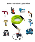 Heavy Duty Hybrid Air Hose 3/8 X 10 Ft Delivers 300 Psi Kink Blocking Flex surrounded by various tools for multi-functional applications.