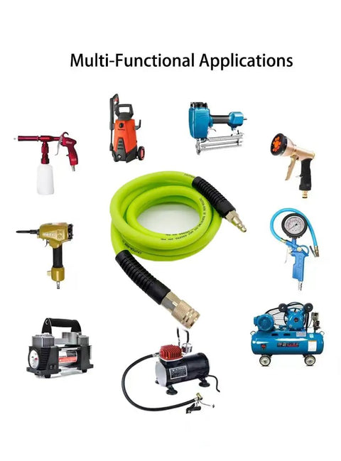 Heavy Duty Hybrid Air Hose 3/8 X 10 Ft Delivers 300 Psi Kink Blocking Flex surrounded by various tools for multi-functional applications.
