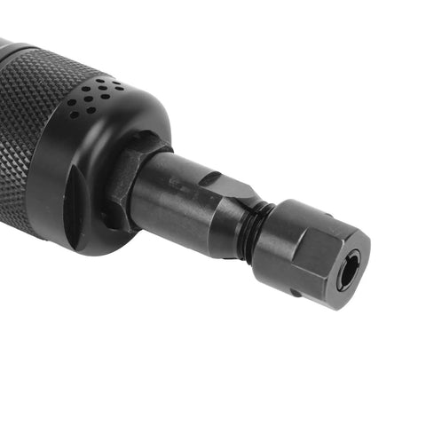 Close-up of the attachment end of a compact air die grinder made of stainless steel, part of the Knock Out Any Project With This Compact Air Die Grinder Built Damn Tough From Premium Stainless Steel Delivers 24000 RPM Smooth Speeds For Wood Metal Carving And Garage Shop Work.