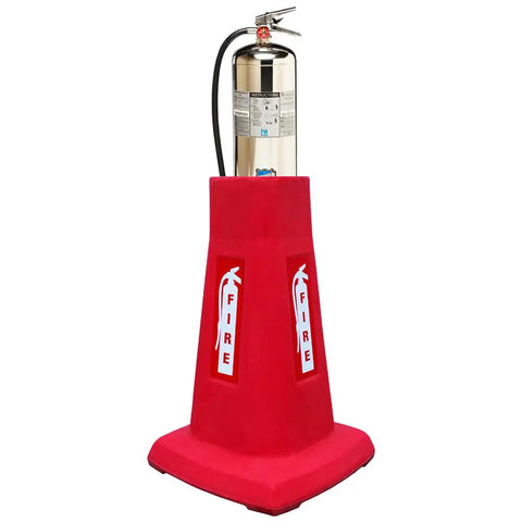 Heavy Duty 2.5 Gallon Stackable Water Fire Extinguisher Holder slick red base with fire instructions visible, HDPE plastic design.