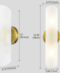 Modern Brass Wall Sconces Two Light Cylinders Frosted Glass Vanity Lights For Hallway Bedroom And Staircase ETL Listed For Dry Location Gold Brass Finish With Sturdy Metal Arm And Back Plate Built To Last showing dimensions
