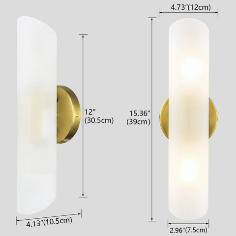 Modern Brass Wall Sconces Two Light Cylinders Frosted Glass Vanity Lights For Hallway Bedroom And Staircase ETL Listed For Dry Location Gold Brass Finish With Sturdy Metal Arm And Back Plate Built To Last showing dimensions