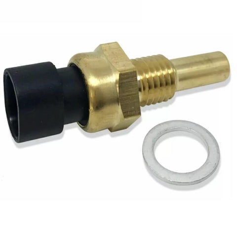 Engine coolant temperature sensor, close-up view, brass body and black connector with washer