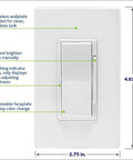 Slick Z Wave Smart Dimmer Switch In Classic White Design with dimensions 4.61" x 2.75", featuring screwless wallplate and manual control.