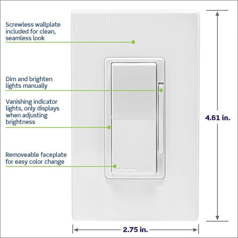 Slick Z Wave Smart Dimmer Switch In Classic White Design with dimensions 4.61" x 2.75", featuring screwless wallplate and manual control.