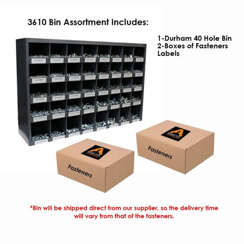 Massive 3,610 Piece Stainless Steel 18-8 Hardware Assortment Kit With Hex Cap Screws, Hex Nuts, Lock Nuts, And Washers In A Durham 40 Hole Metal Bin For DIY Projects And Heavy Duty Home Repairs image showing Durham 40-hole bin with fasteners boxes