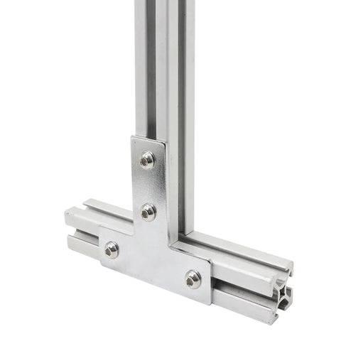Close-up view of installed 10 Piece Set 1 Inch By 1 Inch T Slot Corner Brackets for 1010 Aluminum Extrusions with bolts and nuts