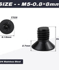 Dead Nuts Tight M5 X 8mm Black Stainless Steel Security Screws 100 Pack With T25 Torx Bit showing size and flat head design.