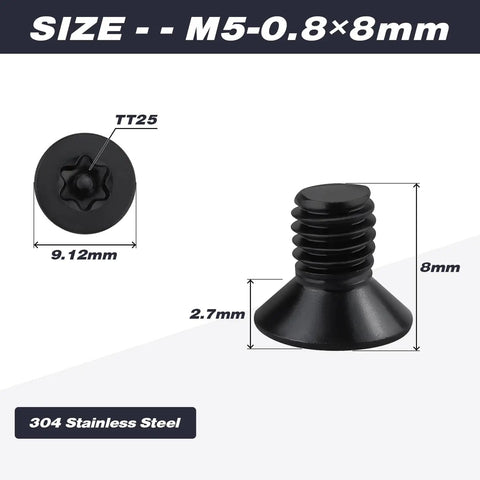 Dead Nuts Tight M5 X 8mm Black Stainless Steel Security Screws 100 Pack With T25 Torx Bit showing size and flat head design.