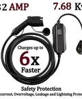 Portable Level 2 EV Charger Up To 32 Amps Adjustable 240V Power Grab And Go NEMA 14 50P Connector with safety features.