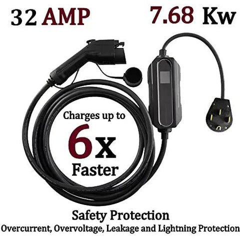 Portable Level 2 EV Charger Up To 32 Amps Adjustable 240V Power Grab And Go NEMA 14 50P Connector with safety features.