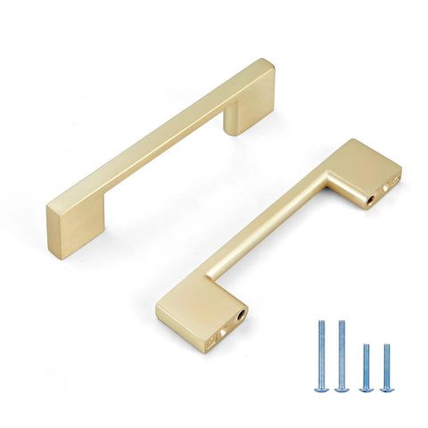 10 Pack Brushed Gold Cabinet Pulls 3 Inch Square Brass Kitchen Cabinet Handles shown with mounting screws included