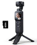 4K Vlogging Camera With 330 Degree Rotating Lens And Face Tracking For YouTube And TikTok, showing screen and tripod, black.