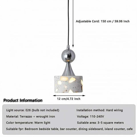 Terrazzo Small Pendant Light, 4.7 Inch Chrome Hanging Fixture with adjustable cord, warm light, for bedside or bar.