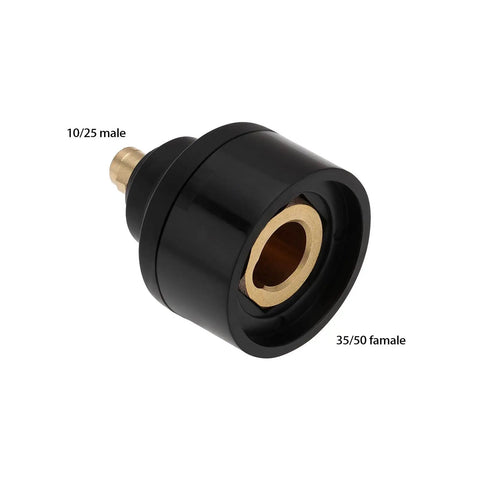 Close-up of 2 Pack Brass Welding Adapters 10/25 Male To 35/50 Female For Welding Machines And Plasma Cutters Push Twist Lock Brass Fittings