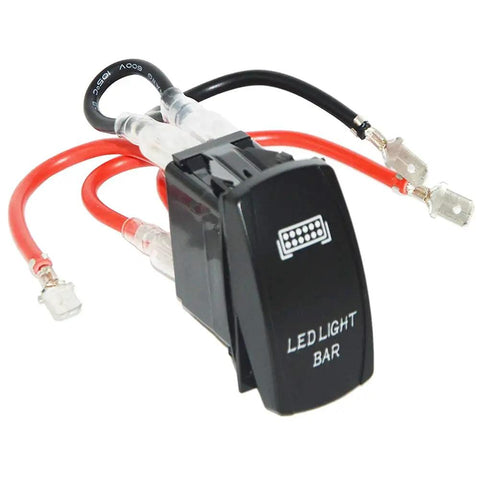 Beefy Blue Backlit 5 Pin 20A 12V Rocker Switch For LED Light Bar Off Road Lighting Universal Fitment For UTV ATV Truck And Motorcycle front view with wiring