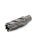 Oscarbide 1x2 annular cutter, angled side view; 1 in dia, 2 in depth, 3/4 in Weldon shank for magnetic drill press