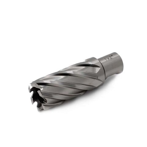Oscarbide 1x2 annular cutter, angled side view; 1 in dia, 2 in depth, 3/4 in Weldon shank for magnetic drill press