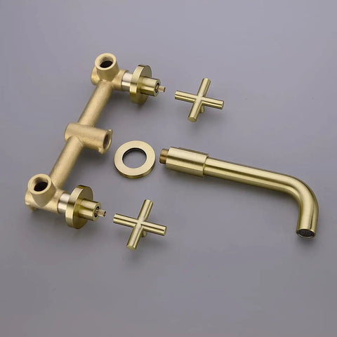 Disassembled Dope Brushed Gold Wall Mount Bathroom Faucet With Concealed Vessel Sink, dual cross handles, 8.18 inch spout