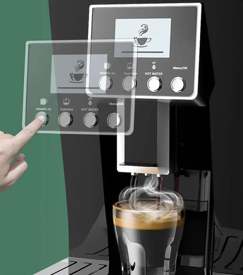 Close-up of fully automatic coffee machine with built-in burr grinder and grind-and-brew system, one tap espresso maker in black.