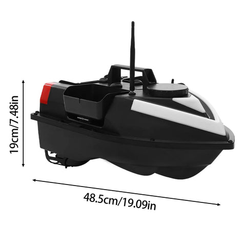 Long Range RC Bait Boat for Carp Fishing With 3 Bait Boxes 5200mAh Battery Dual Motors side view dimensions