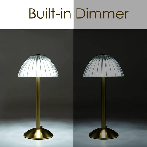 Two views of Cordless Gold Table Lamp for Home and Dining Rooms USB Rechargeable 12 Inch Brass LED Lamp with Built In Dimmer on-display