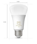 Hue Smart Light Starter Kit With Bridge Smart Button And Three White Ambiance 75W A19 LED Bulbs Warm To Cool White 1100LM E26 Control From App Or Voice Assistant. Close-up of White Ambiance bulb dimensions.