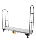 Heavy Duty Platform Truck Workhorse Built Hella Sturdy To Handle Any Warehouse Load With Diamond Grip Deck And Smooth As Butter 360 Swivel Casters Rated For Two Thousand Pounds, with steel frame and large wheels.