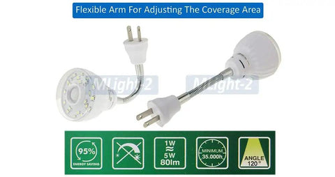 Motion Activated LED Night Light For Plug In Outlet White With Photocell Sensor Auto On In Darkness Energy Saving Light Lasts 30 To 40 Seconds Great For Hallways Bedrooms Closets And Dark Areas with flexible arm adjustment