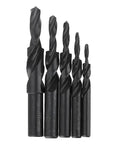 Front view of six-piece Amazon HSS counterbore step drill bit set with spiral flutes for metal drilling and chamfering.