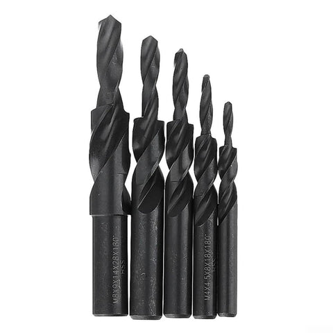 Front view of six-piece Amazon HSS counterbore step drill bit set with spiral flutes for metal drilling and chamfering.