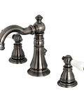American Patriot Widespread Bathroom Faucet With Brass Pop Up Drain Black Stainless Finish Boss Build Solid Brass Construction 8 To 16 Inch Deck Mount 3 Hole Bath Faucet Ceramic Disc Cartridge 1.2 GPM Flow At 60 PSI featuring a curved spout and dual handles